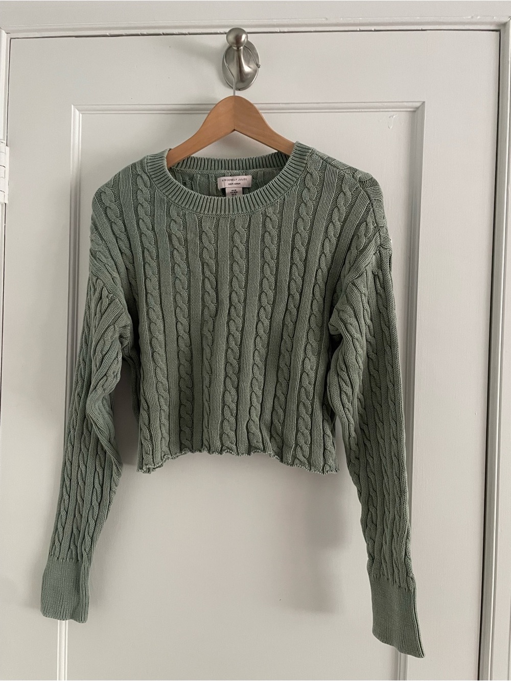 Sincerely Jules Sage Green Cable Knit Cropped Crewneck Sweater